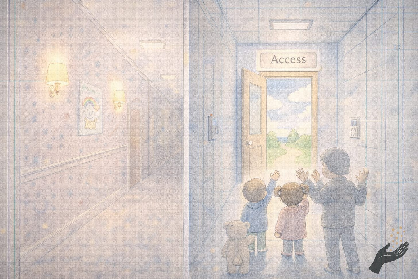 A pastel hallway shifts from cozy nursery décor to a sterile checkpoint corridor, ending in a painted mural of an open door labeled Access that people reach out to touch. A pastel hallway shifts from cozy nursery décor to a sterile checkpoint corridor, ending in a painted mural of an open door labeled Access that people reach out to touch.