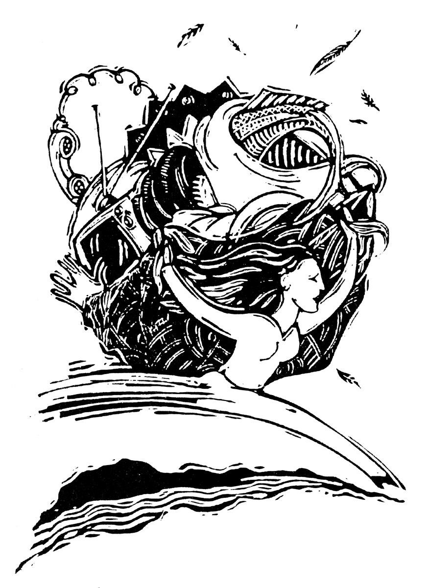 Scratchboard image of a woman running, carrying a chaotic bundle of domestic items and tools on her back.