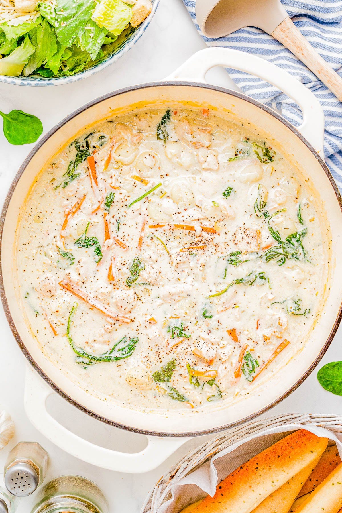 Overhead image of a pot of chicken gnocchi soup. Overhead image of a pot of chicken gnocchi soup.