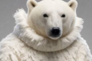 Surreal illustration of a polar bear wearing a sweater