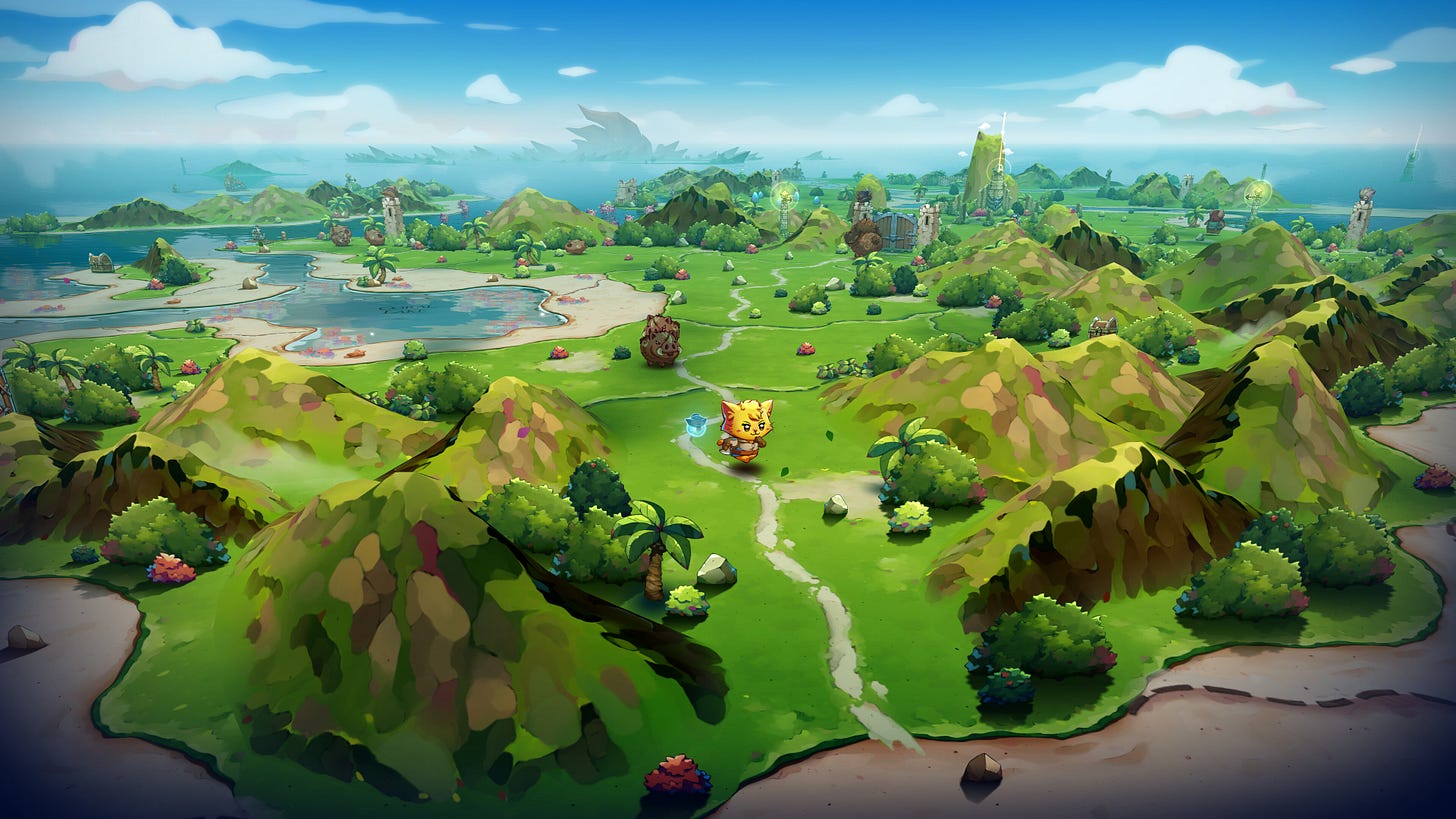 Video game screenshot of a cat-person walking  across a miniature valley Video game screenshot of a cat-person walking  across a miniature valley