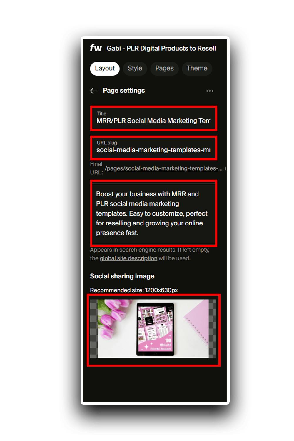Screenshot of Gabi showing SEO title, meta description, URL slug, and social image on Fourthwall, each outlined in red.
