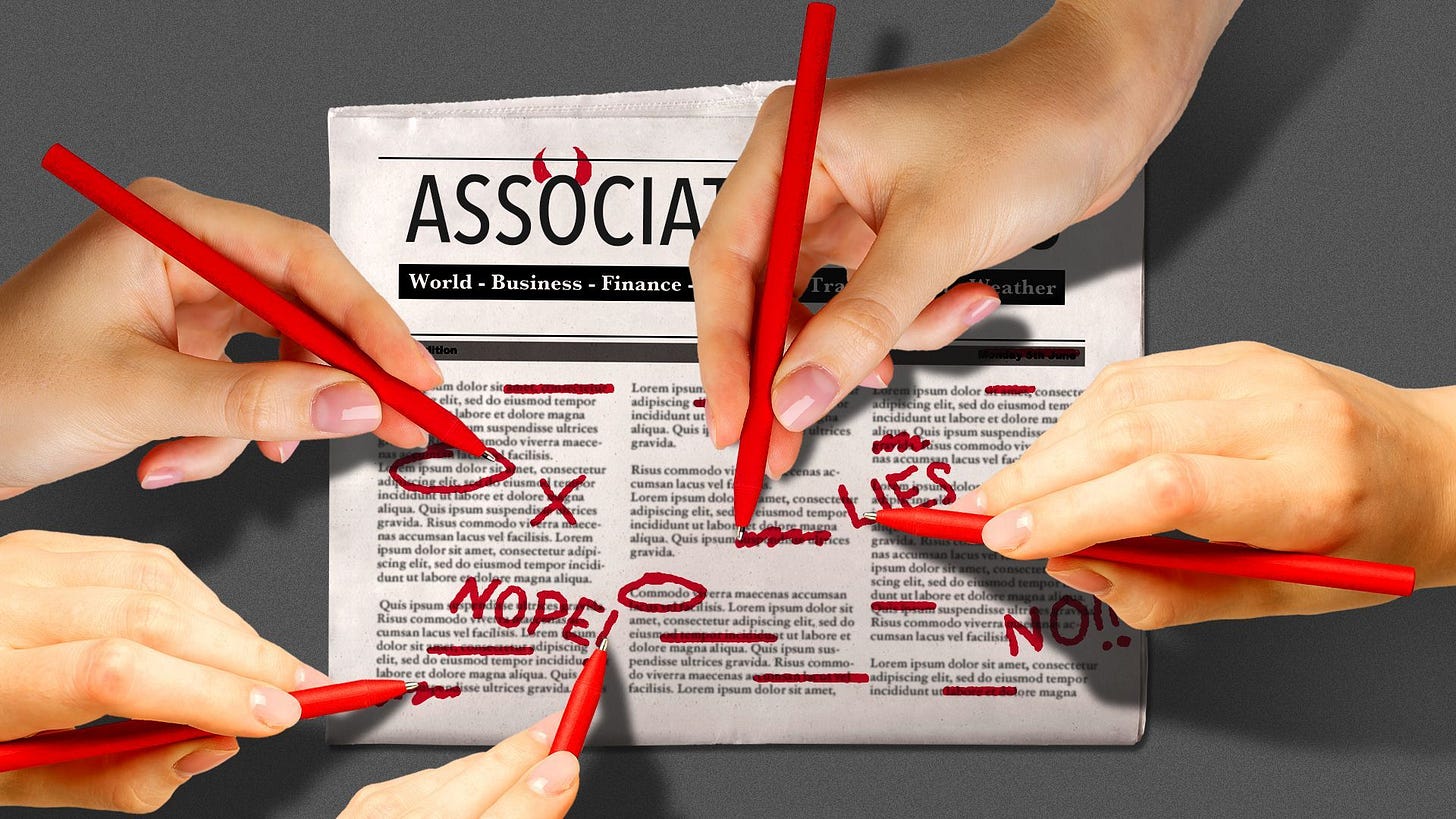 Illustration of a newspaper that reads "Associated Press" with various hands with red pens marking it up