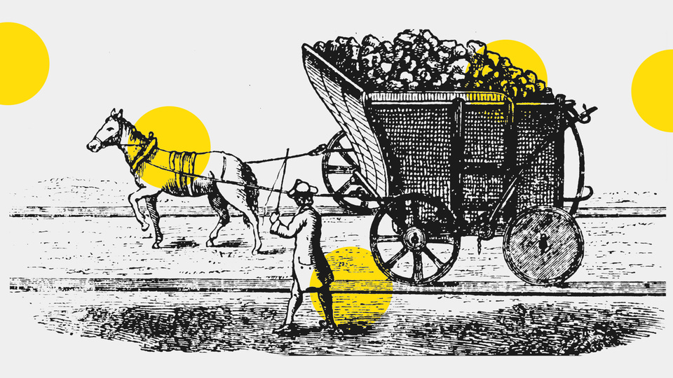 Black-and-white illustration of a horse pulling a cart full of coal, overlaid with yellow dots.