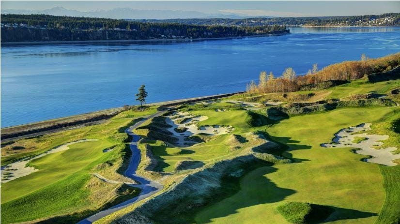 A golf course with a body of water

Description automatically generated