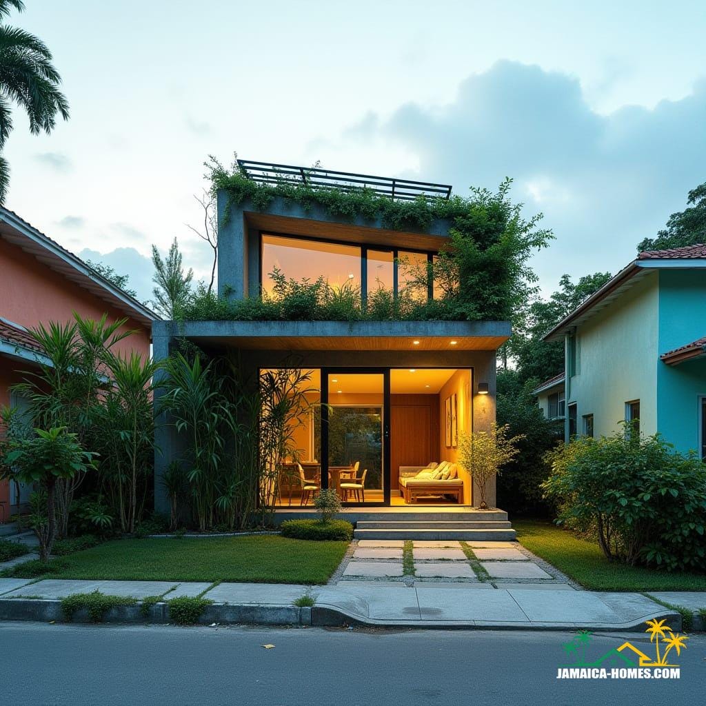 Compact urban modern home designed as a single 20-ft concrete module with an overlapping steel porch, optimized for a small suburban lot in Kingston. The facade features lush vertical gardens, and a skylight illuminates the living space. Solar panels adorn the roof, and slim horizontal windows minimize heat gain. The home is situated on a small lot between colorful neighboring houses, with a paved walkway leading to the entrance. Styled as a sleek, energy-efficient, modern urban aesthetic, presented as a cinematic film still shot on v-raptor XL with film grain, vignette, color grading, post-processing, cinematic lighting, 35mm film, live-action, best quality, atmospheric, a masterpiece, epic, stunning, dramatic.