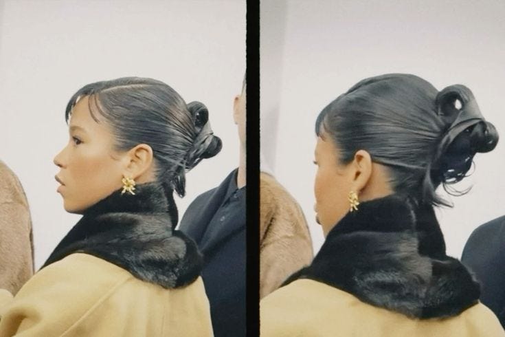 This may contain: two pictures of a woman with black hair and buns, one showing the back of her head