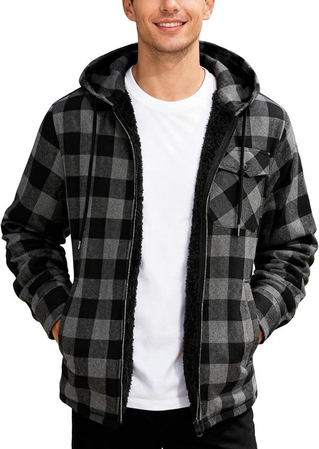This fleece-lined flannel jacket keeps you warm and comfortable through colder months. Made from a soft polyester and cotton blend, it feels cosy without irritation. Full sherpa lining, including the sleeves, provides warmth without added bulk. It features a hood with drawstring, one chest pocket, two side pockets, and a classic buffalo plaid design. Ideal for layering, outdoor work, daily wear, or gifting. Machine washable and easy to care for. Check the size chart and size up for a relaxed fit.