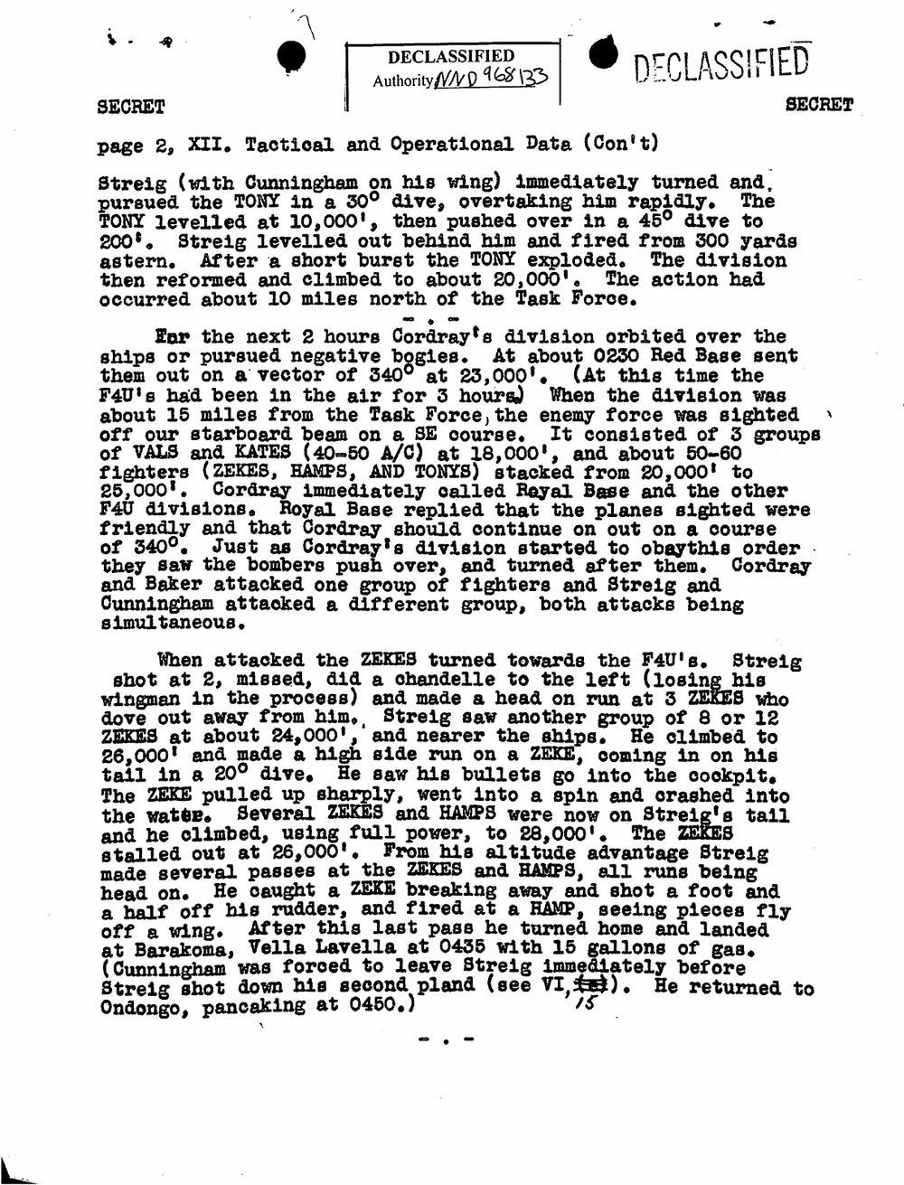 Continuation of Section XII narrative, describing Streig's pursuit and destruction of a Tony fighter Continuation of Section XII narrative, describing Streig's pursuit and destruction of a Tony fighter