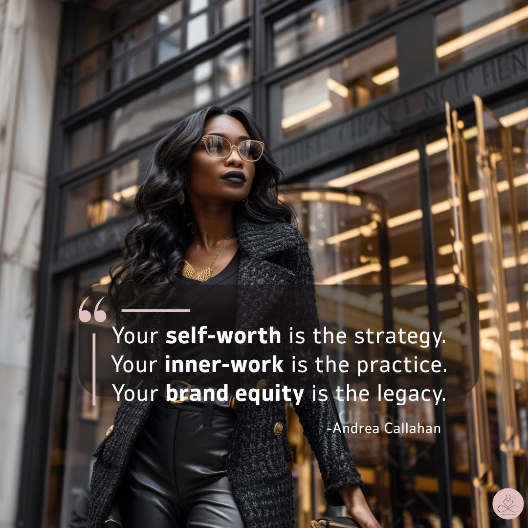 Black woman in all black confident, chic and clear-eyed on her value in front of a hgh-end building