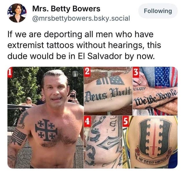 r/IronFrontUSA - Mrs. Betty Bowers Following If we are deporting all men who have extremist tattoos without hearings, this dude would be in El Salvador by now. 2 Deus Built 4 ישר. 5 3 CLXXV We the People NE DESIT VIRTUS