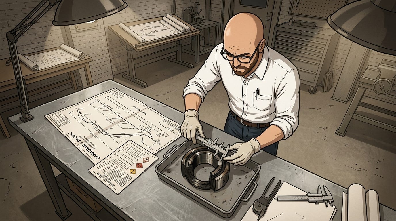 The investigator measures a charred railway friction journal bearing with vernier calipers on an engineering workbench spread with track charts. The investigator measures a charred railway friction journal bearing with vernier calipers on an engineering workbench spread with track charts.