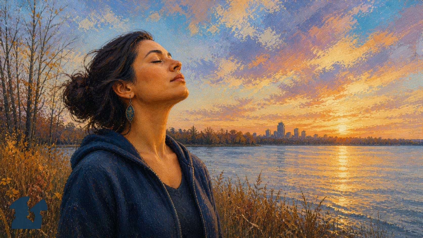 A painterly illustration of a woman standing by a Minnesota lake at sunset, eyes closed and face tilted upward as she inhales deeply. Autumn trees and reeds line the shoreline, and warm golden light reflects across the calm water, with a distant city skyline under a textured evening sky.