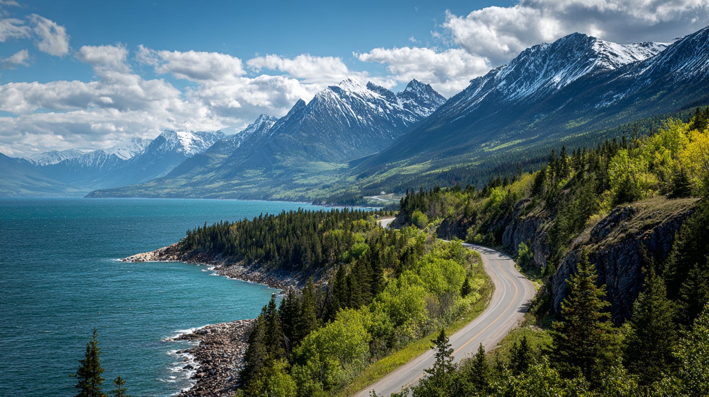 A scenic winding road through the Canadian Rockies, with snow-capped mountains on one side and coastal cliffs meeting the Pacific Ocean on the other. Lush green forests and vibrant skies create a stunning contrast. A scenic winding road through the Canadian Rockies, with snow-capped mountains on one side and coastal cliffs meeting the Pacific Ocean on the other. Lush green forests and vibrant skies create a stunning contrast.