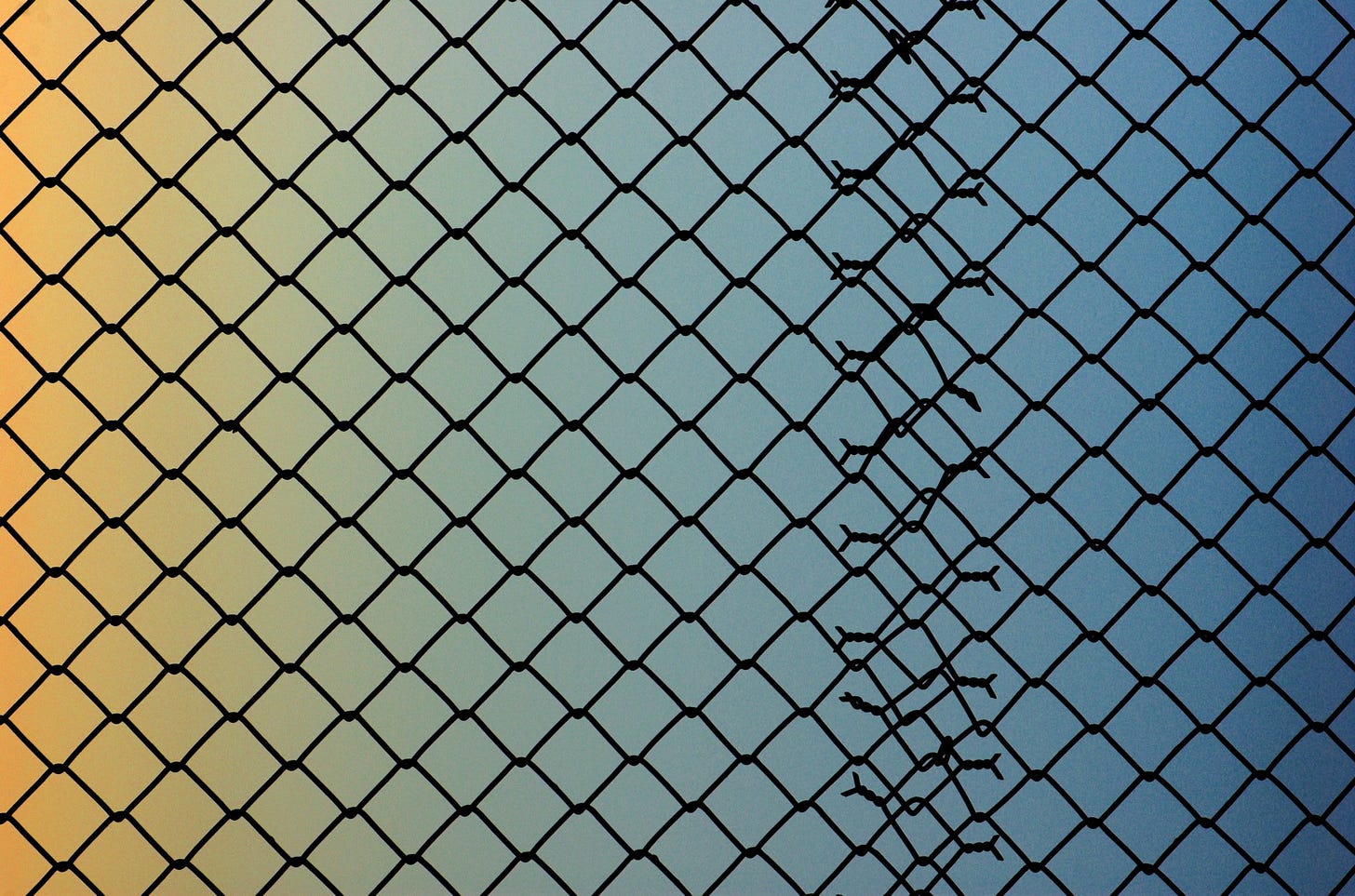 Overlapping chain link fences with a blue background gradient fading to yellow.