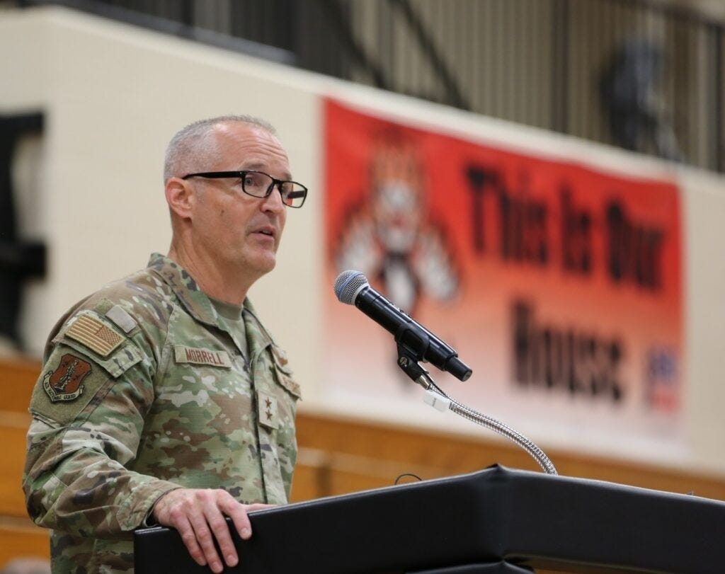 South Dakota National Guard Adjutant Gen. Mark Morrell speaks during a ceremony in Wagner, South Dakota, on Oct. 22, 2026, honoring about 120 soldiers deploying to the U.S.-Mexico border for a year. (Photo by Joshua Haiar/South Dakota Searchlight
