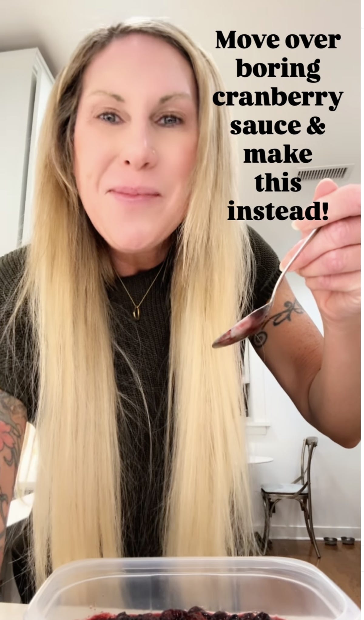 A person with long blonde hair holds a spoonful of food and smiles at the camera. Overlaid text reads, "Move over boring cranberry sauce & make this instead!. A person with long blonde hair holds a spoonful of food and smiles at the camera. Overlaid text reads, "Move over boring cranberry sauce & make this instead!.
