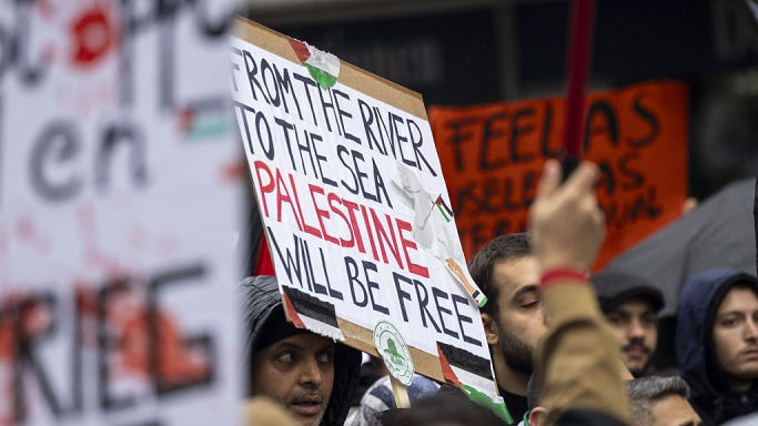 A demonstrator carries a sign that reads “From the river to the sea – Palestine will be free” at a demonstration in Düsseldorf on November 4, 2023.