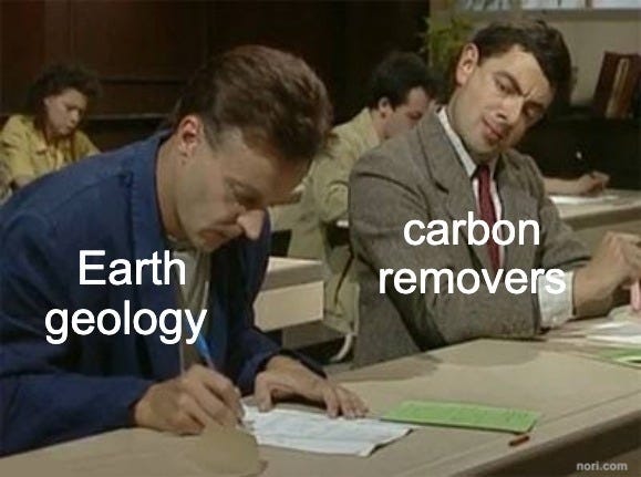 Mr. Bean in an exam hall peering at the paper of the student next to him. The student is labelled "Earth geology"; Mr. Bean is labelled "carbon removers".