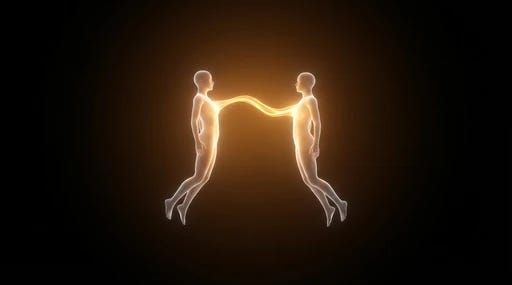 Two ethereal figures connected by a stream of golden light in a dark space Two ethereal figures connected by a stream of golden light in a dark space
