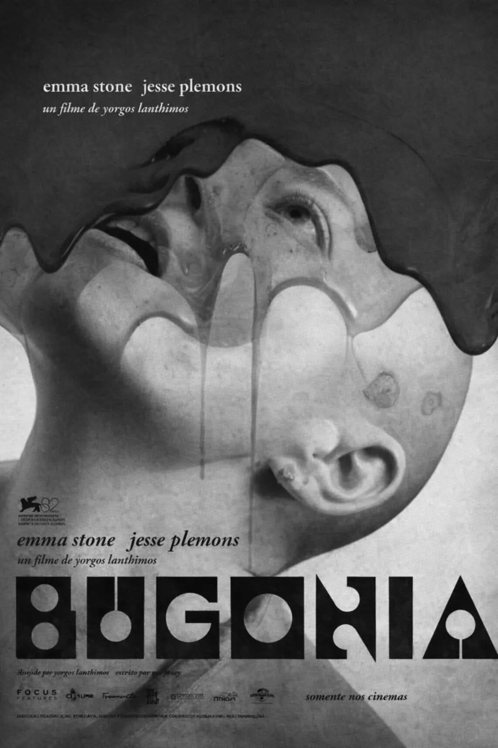 Black‑and‑white version of the Bugonia poster showing a person’s head tilted back as thick liquid pours over their face, with the film title “BUGONIA” in bold lettering below. Black‑and‑white version of the Bugonia poster showing a person’s head tilted back as thick liquid pours over their face, with the film title “BUGONIA” in bold lettering below.