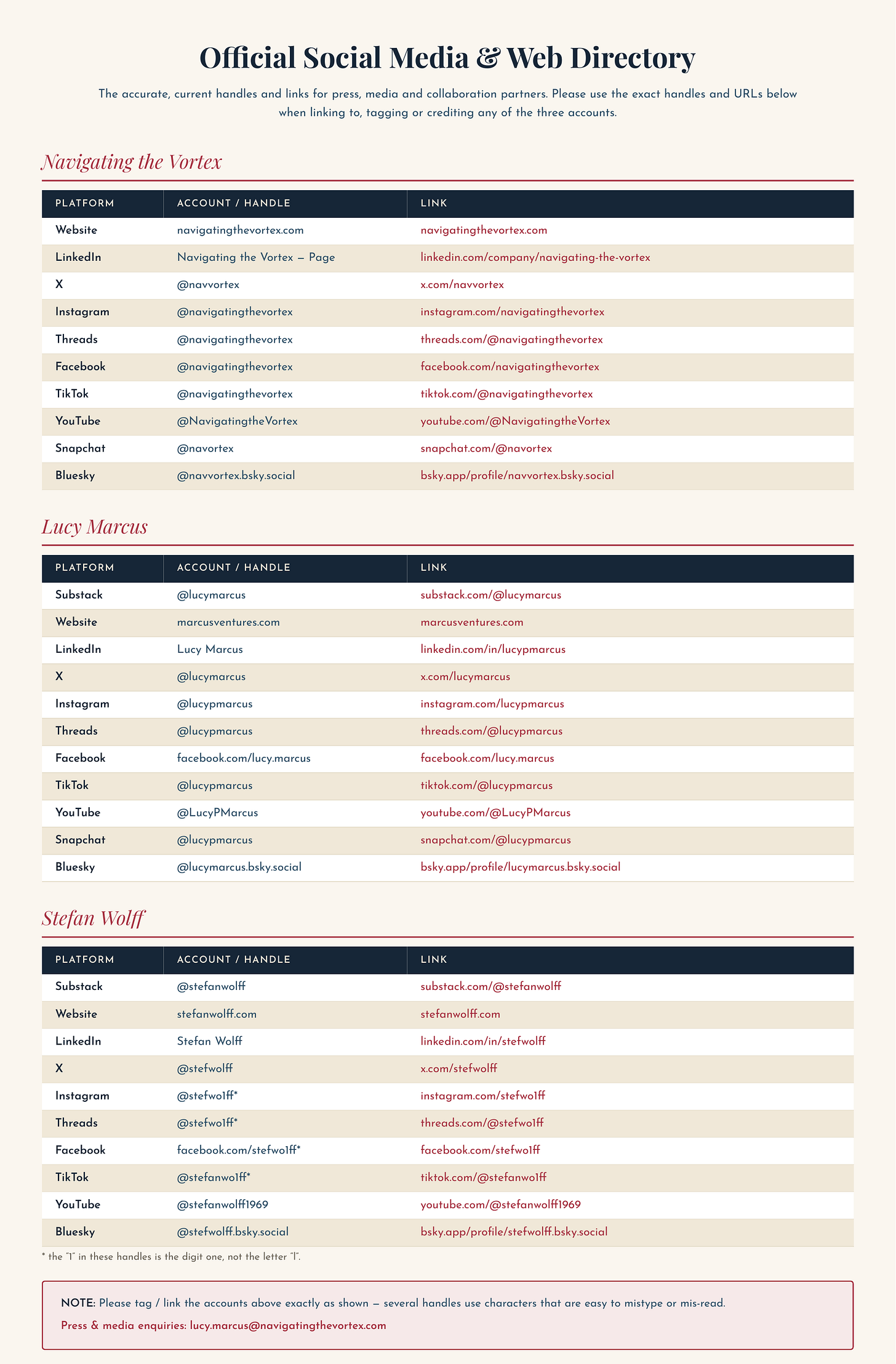 Official Navigating the Vortex social media and web directory — verified handles and links for the publication, Lucy Marcus, and Stefan Wolff across Website, LinkedIn, X, Instagram, Threads, Facebook, TikTok, YouTube, Snapchat, and Bluesky, plus press contact details. Official Navigating the Vortex social media and web directory — verified handles and links for the publication, Lucy Marcus, and Stefan Wolff across Website, LinkedIn, X, Instagram, Threads, Facebook, TikTok, YouTube, Snapchat, and Bluesky, plus press contact details.