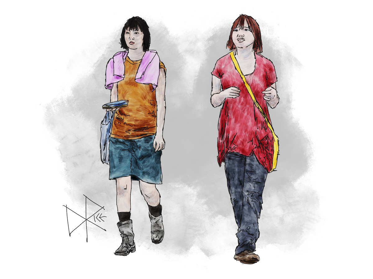 Two young women in brightly coloured spring fashion, walking outdoors on a warm sunny day. Sketch art by Don Rice.