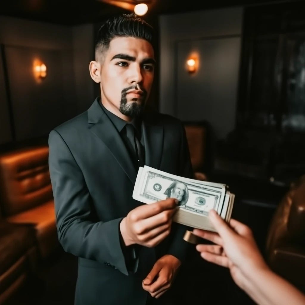 latin gigolo with soul patch facial hair pattern getting paid cash by an older woman