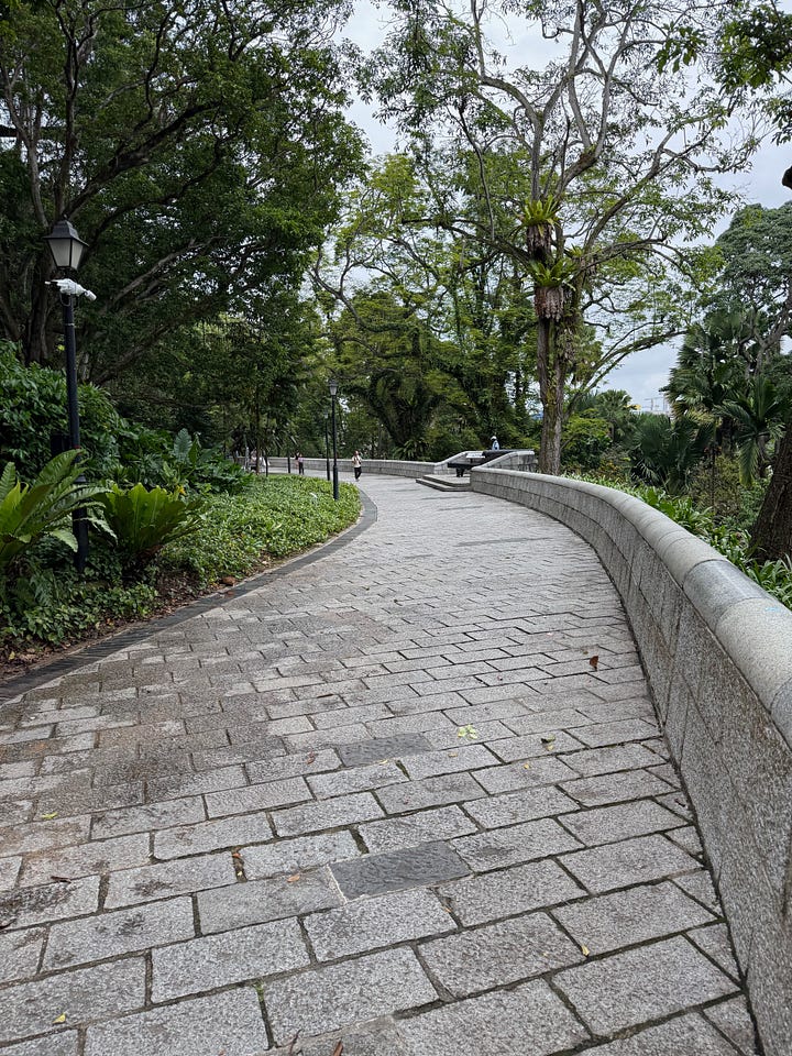 rooster, cement carvings, trees, walking paths through a park