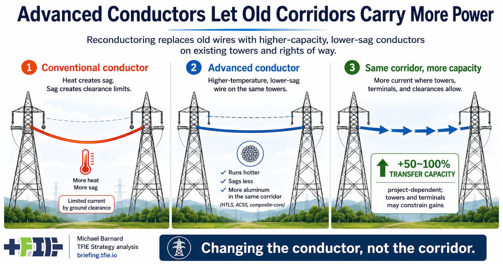 Infographic showing reconductoring of existing transmission towers with advanced conductors that carry more electricity and sag less at higher temperatures.