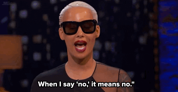 A woman with slicked back hair and sunglasses talks, with the caption "When I say 'no' it means 'no'"