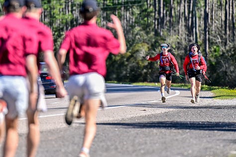 Troy University’s chapter of Alpha Tau Omega finished their 128.3-mile walk from the Troy quad to Panama City Beach on Wednesday. The fraternity raised $140,000 for Jeep Sullivan’s Wounded Warrior Outdoor Adventures. (PHOTO/Joey Meredith)