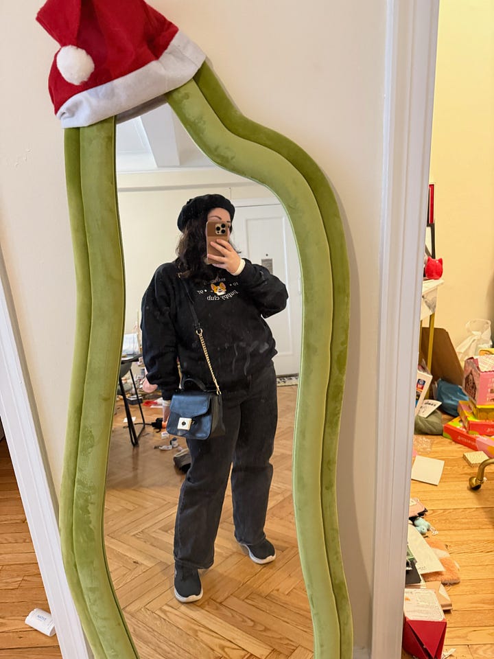 seven different outfit photos taken in front of a mirror