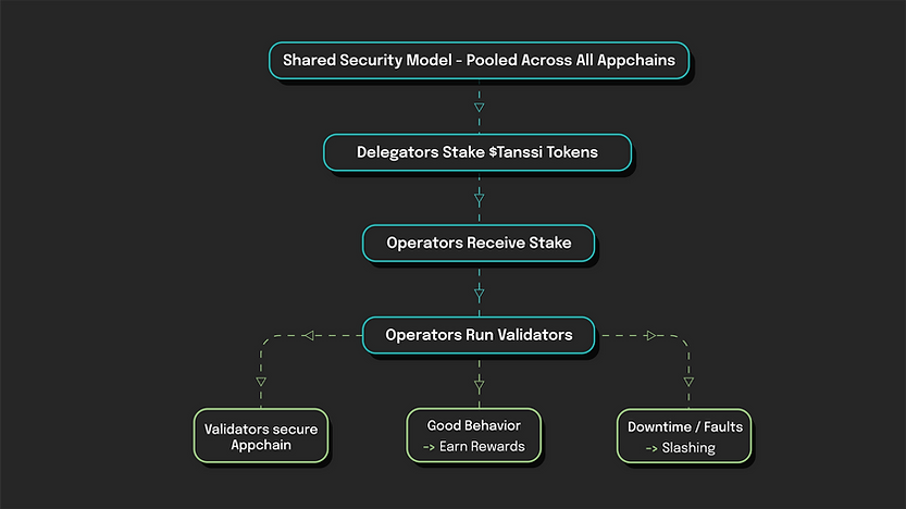 Flowchart illustrating a shared security model in blockchain. Includes stages: staking, receiving stake, running validators, and reward/fault outcomes.