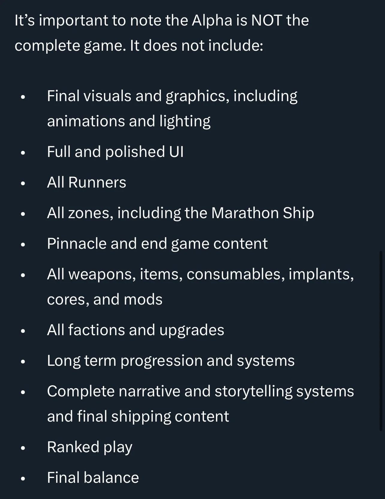 Long list of things the Marathon alpha does not include, with implicit promises of a superior version