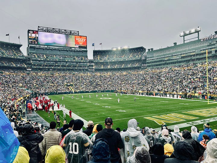 football, stadium, people, clouds, sky, signs