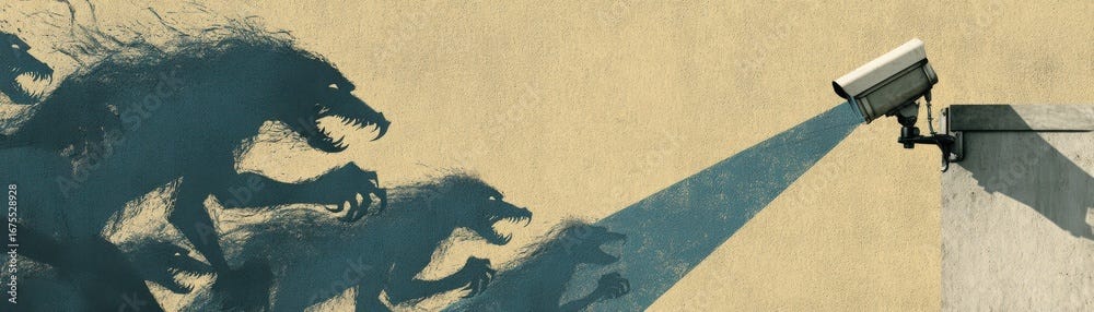 shadowy monsters lie in wait just outside of a security camera’s range of view.