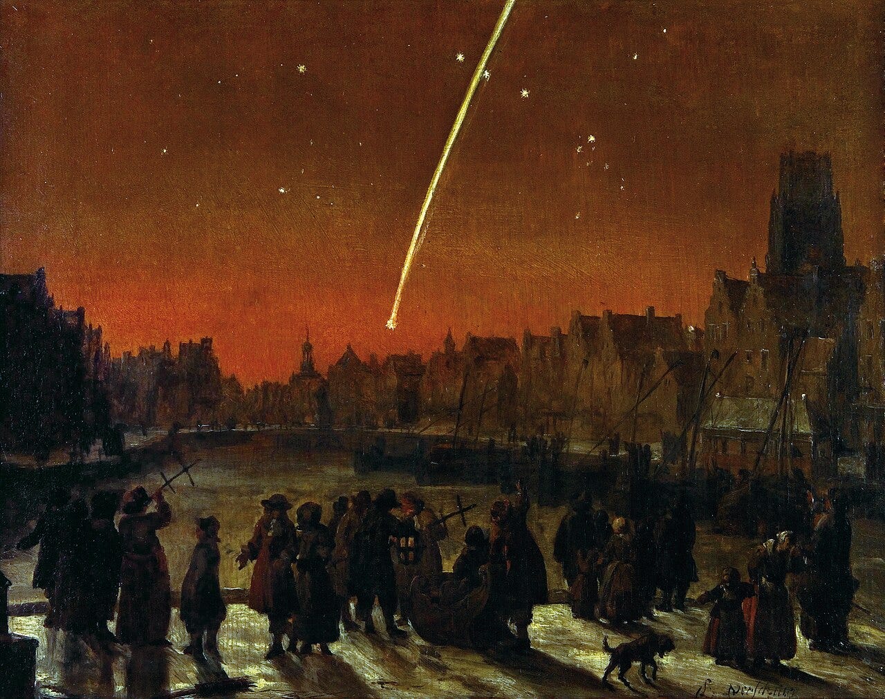 Verschuier's Comet above Rotterdam: a crowd on a quay watches a long comet tail over the harbor at dusk