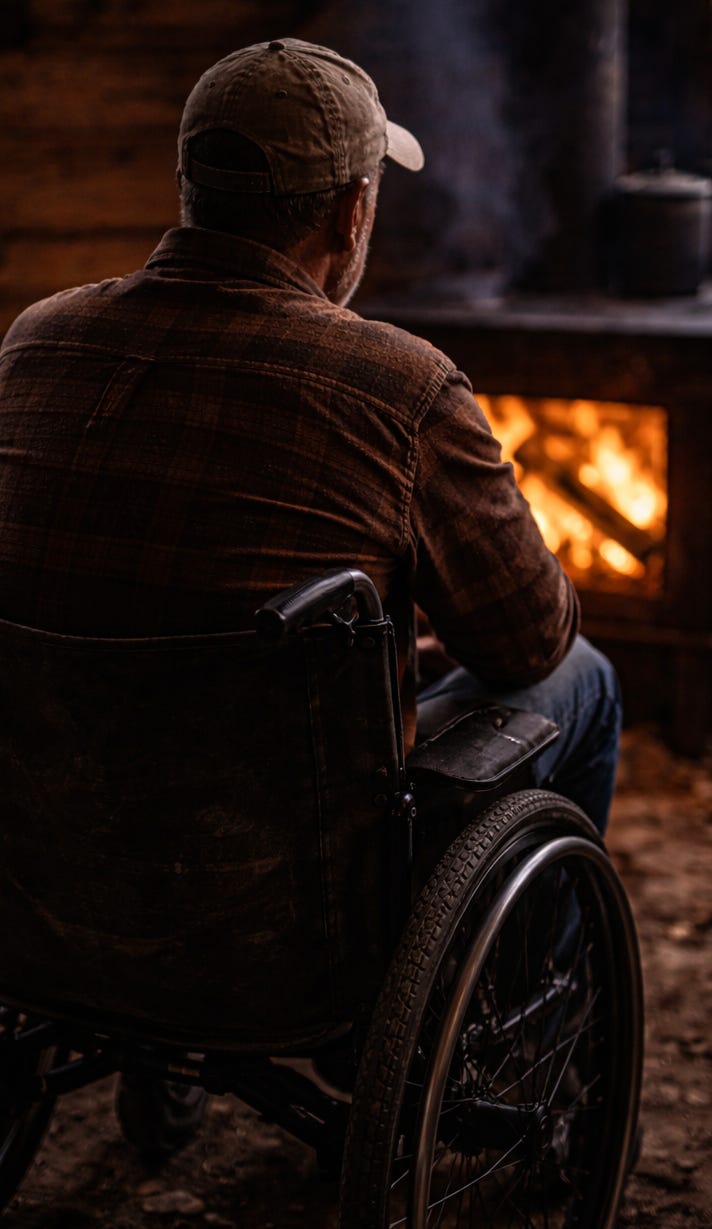 A middle-aged man seated in a manual wheelchair inside a rustic cabin, facing a wood stove with a small fire burning, lit by warm firelight in winter. A middle-aged man seated in a manual wheelchair inside a rustic cabin, facing a wood stove with a small fire burning, lit by warm firelight in winter.