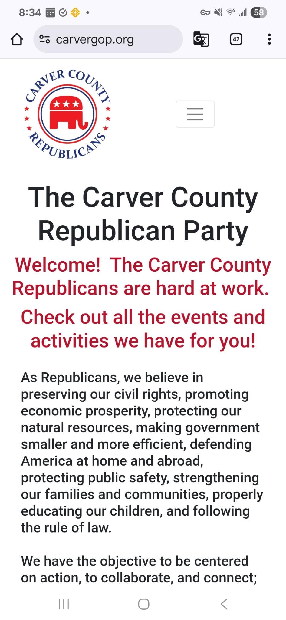 A screenshot of the mobile website for 'The Carver County Republican Party' at carvergop.org. The page features a circular logo with an elephant and stars, the title 'The Carver County Republican Party' in large bold text, and a welcome message in red: 'Welcome! The Carver County Republicans are hard at work. Check out all the events and activities we have for you!'. Below this is a paragraph outlining their beliefs, including preserving civil rights, promoting economic prosperity, making government smaller, and defending America. It concludes with a statement about their objective to be centered on action, collaborate, and connect. A screenshot of the mobile website for 'The Carver County Republican Party' at carvergop.org. The page features a circular logo with an elephant and stars, the title 'The Carver County Republican Party' in large bold text, and a welcome message in red: 'Welcome! The Carver County Republicans are hard at work. Check out all the events and activities we have for you!'. Below this is a paragraph outlining their beliefs, including preserving civil rights, promoting economic prosperity, making government smaller, and defending America. It concludes with a statement about their objective to be centered on action, collaborate, and connect.