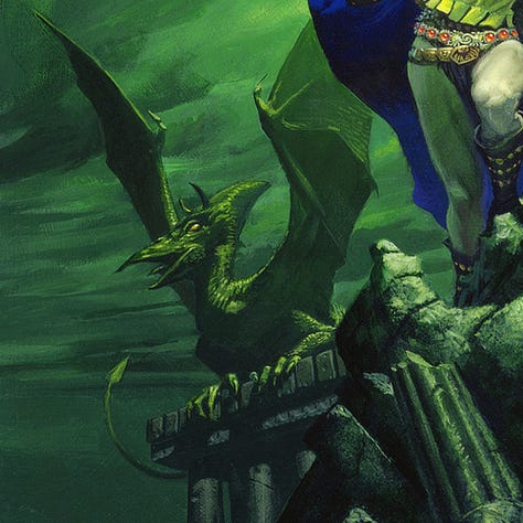 LEFT: Figure detail of Elric thrusting Stormbringer to the heavens. His face is anguished, mouth open as if in a cry. His brow is set as if in question. Shadows accentuate his pink eyes and high cheek bones. His long white hair is swept wild by the wind.  CENTER: Foreground detail from STORMBRINGER featuring the skull ruins where Elric is standing. The top of the skull is missing and one orbital broken. Prominent fangs protrude from upper and lower jaw. A pair of horns jut out from the side of the skull that is still intact.  RIGHT: Background detail from STORMBRINGER featuring the pterodactyl-like beast perched with talons gripping a stone lintel on the ruins. A pair of close-set, curved horns point inward just over its eyes as its long head arches back. Its wings are spread and the spade of its tail curls back to point at its open beak.
