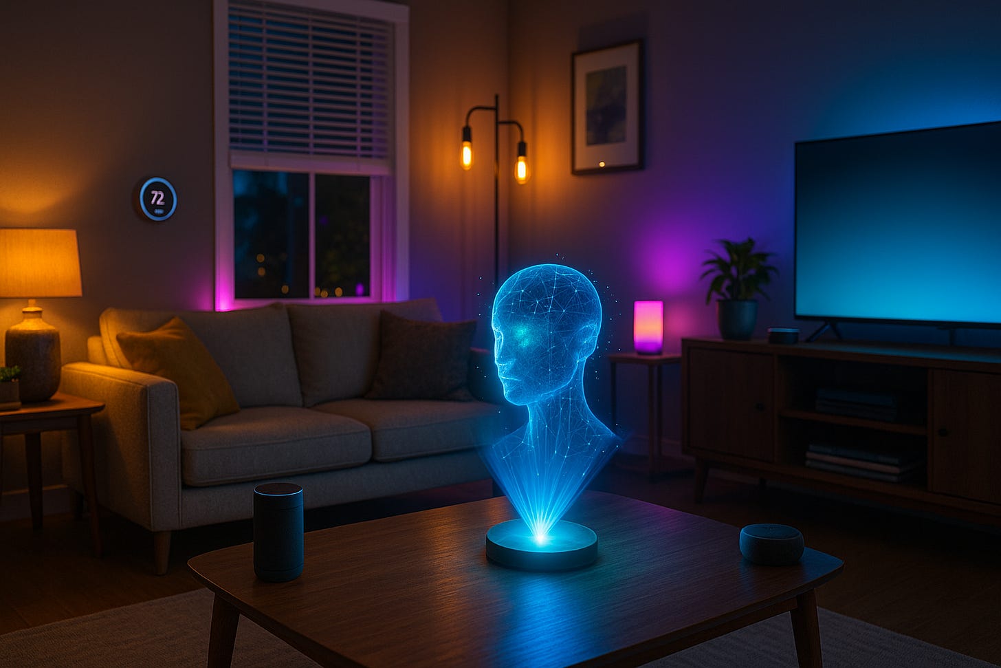 Living-room smart-home la apus, cu dispozitive conectate (termostat, lumini, difuzoare) coordonate de un hologram AI al unui cap uman deasupra măsuței de cafea. Living-room smart-home la apus, cu dispozitive conectate (termostat, lumini, difuzoare) coordonate de un hologram AI al unui cap uman deasupra măsuței de cafea.