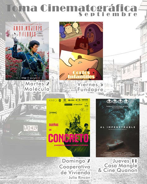 Figura 9. A) Cartelera. B) Proyección del documental Amor, mujeres y flores en barrio San Bosco. C) Proyección de cortos latinos en el barrio Sucre para público infantil.