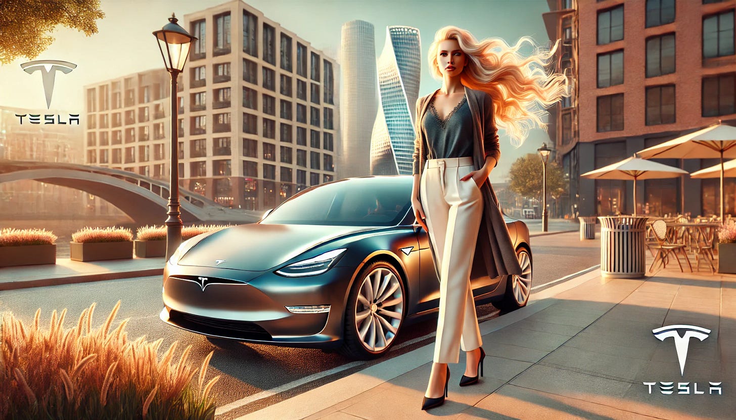 A visually appealing scene featuring a stylish blonde woman standing confidently next to a sleek Tesla car. The woman has flowing blonde hair and is dressed elegantly, blending modern sophistication with a casual vibe. The Tesla is prominently displayed, showcasing its iconic design, parked in a picturesque urban setting with modern architecture in the background. The scene is well-lit, with a warm and vibrant atmosphere, emphasizing both the woman's charisma and the Tesla's innovation.
