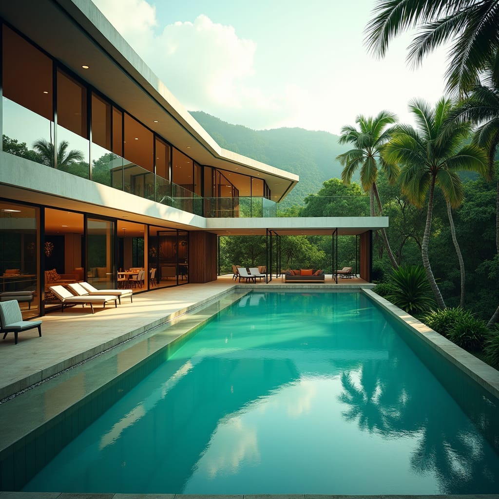 A sleek, modern Jamaican glass home with four luxurious swimming pools, set amidst lush tropical surroundings