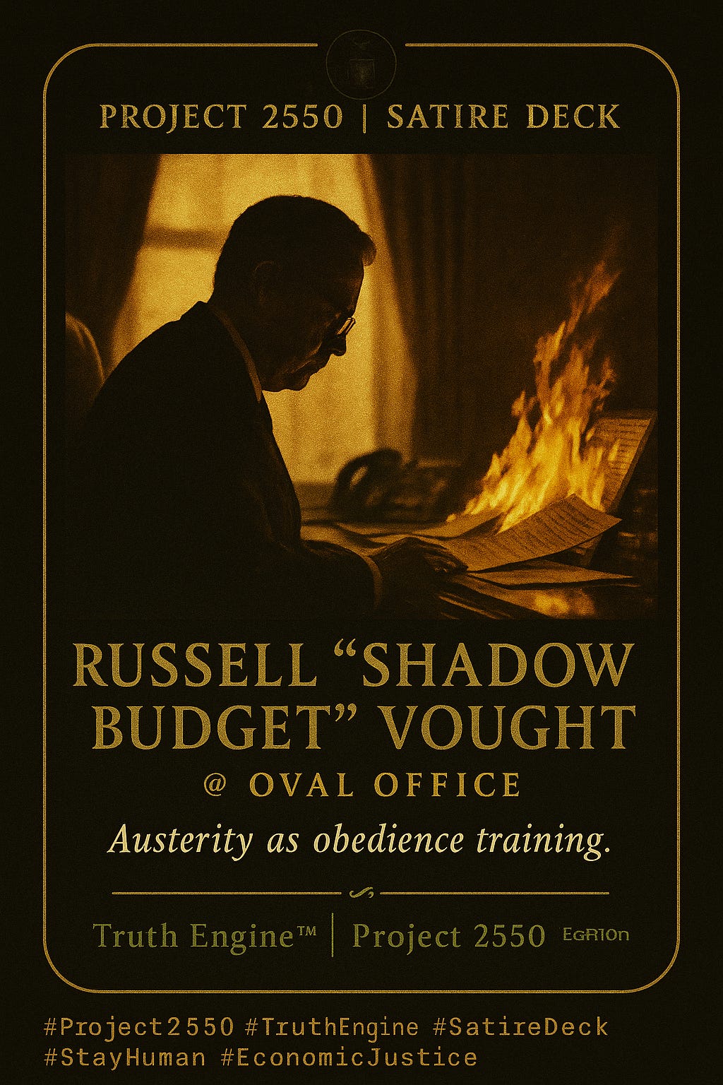 Cinematic Project 2550 card depicting a dark office with spreadsheets burning in a fireplace, representing destructive budget policy and control through scarcity.