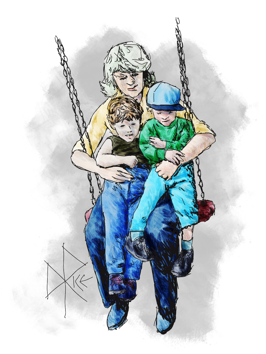 A teen girl sits on a swing, holding two boys in her lap. Sketch art by Don Rice. A teen girl sits on a swing, holding two boys in her lap. Sketch art by Don Rice.