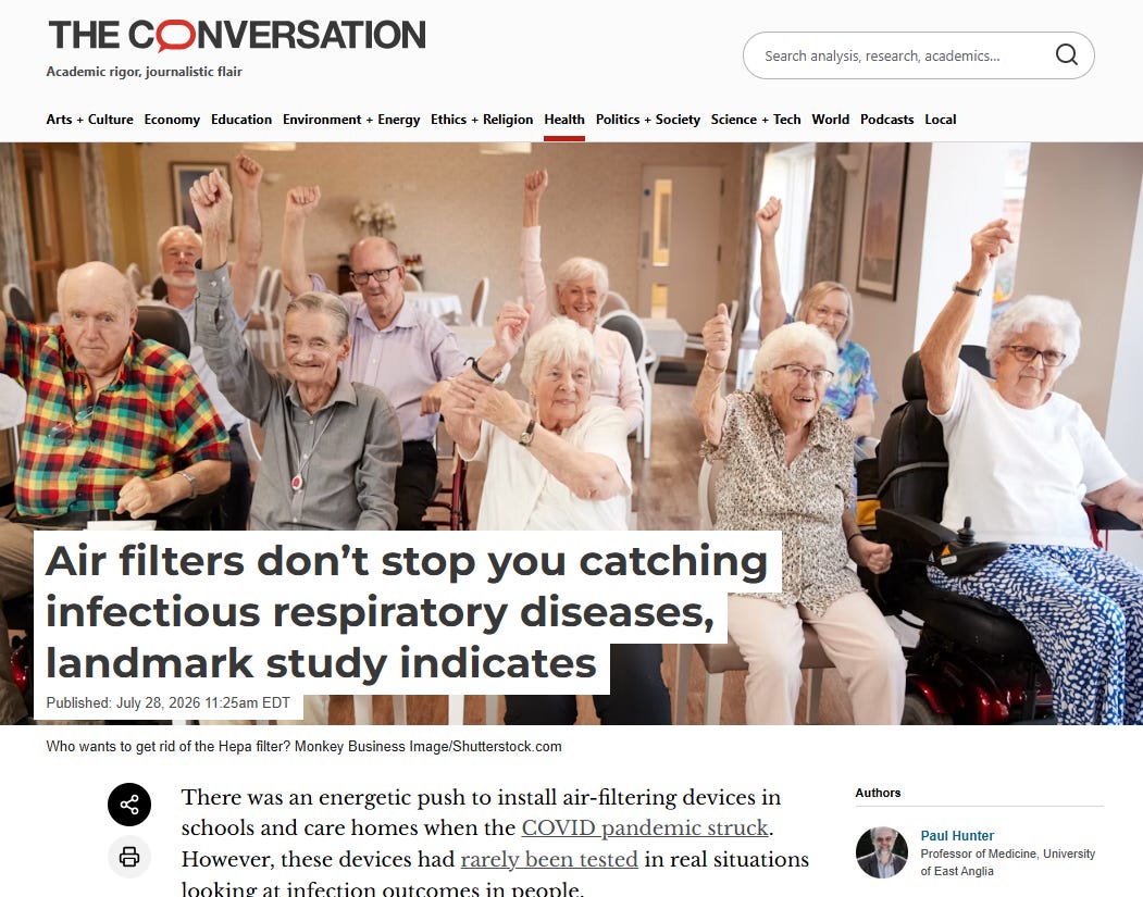 The Conversation UK article featuring a stock photo of seniors cheering, with the headline: "Air filters don't stop you catching infectious respiratory diseases, landmark study indicates"