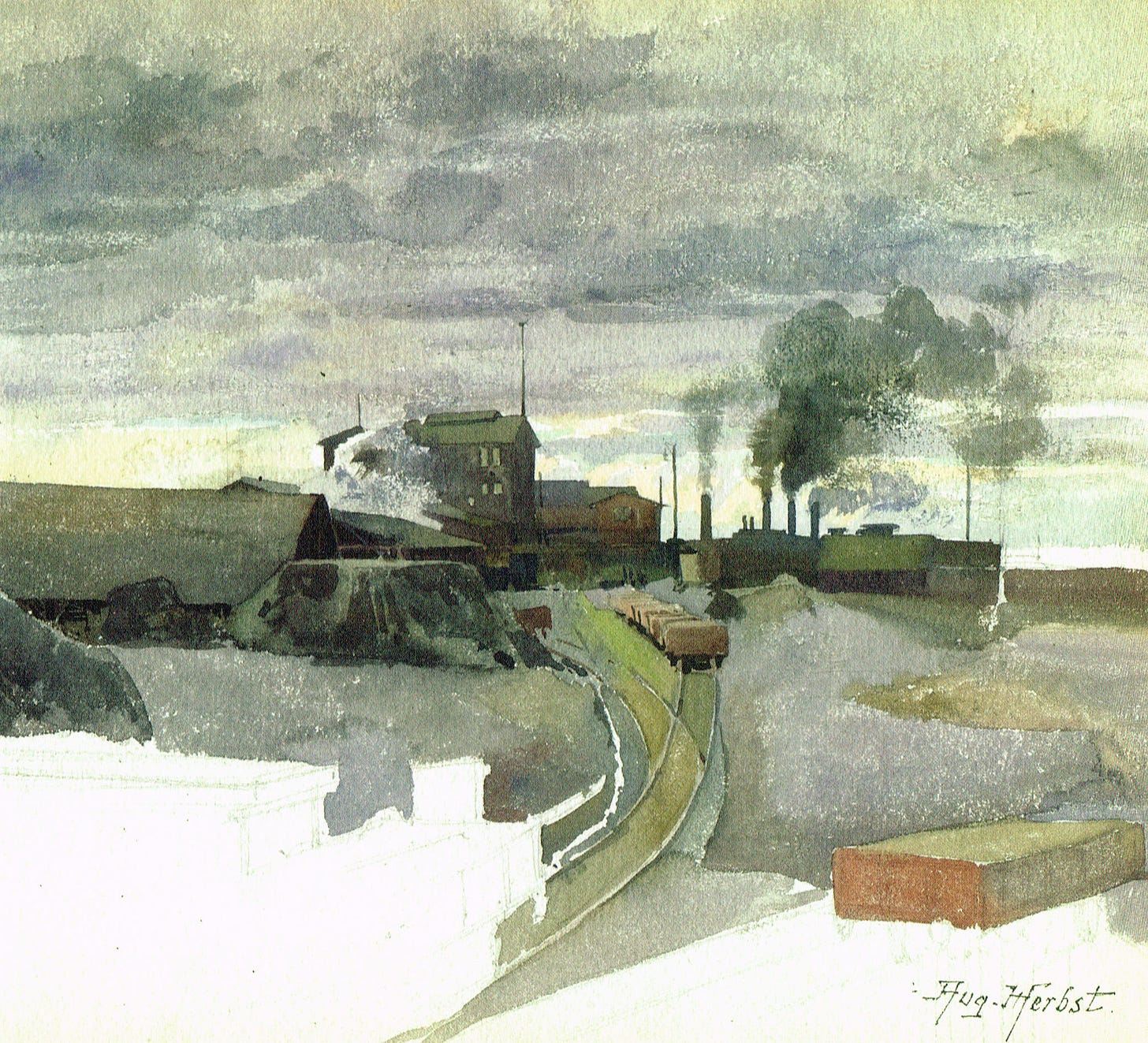 Auguste Herbst, Industrial landscape, undated watercolour (© Hervé Donat 2015). The factory looks closely to the Solvay one in Dombasle, as depicted on the La Soude vase, from a Herbst composition. Auguste Herbst, Industrial landscape, undated watercolour (© Hervé Donat 2015). The factory looks closely to the Solvay one in Dombasle, as depicted on the La Soude vase, from a Herbst composition.