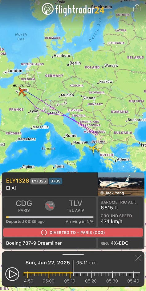 Flight tracking data from June 22, 2025, shows commercial aviation suddenly diverting around Iranian airspace in the early morning hours, providing the first public evidence of military operations before any official announcements. Multiple El Al flights and other carriers changed course dramatically, suggesting coordination with military planners. Credit: Flightradar24